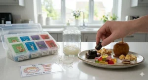 A domestic kitchen setting showcasing a ceramic plate filled with British snacks to avoid during brace treatment, such as sticky toffees, a traditional toffee apple, caramel popcorn, and gummy sweets, placed next to an orthodontic care guide.