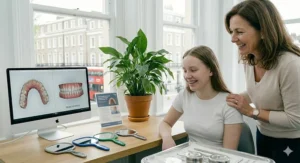 A patient using a small orthodontic inspection mirror at home to check their fitted braces and brackets in the bathroom mirror.