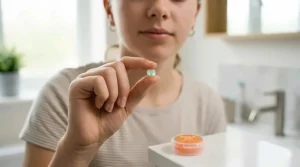 Step-by-step illustration showing how to roll a small piece of flavoured wax for orthodontic brackets.
