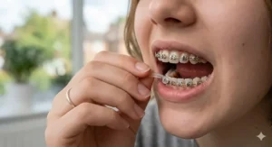 A close-up photograph of a teenager using a clear plastic applicator tool to carefully hook a small orthodontic elastic band onto their fixed train-track braces.