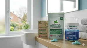 A close-up of a person dropping an antibacterial retainer soak tablet into a clean water bath.