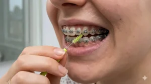 A detailed close-up illustration of a hand with braces meticulously inserting a lime-green interdental brush under the main archwire of orthodontic braces to clean between the brackets.