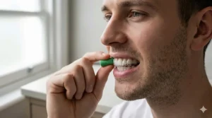 Close-up illustration showing a patient biting down on a mint flavoured green chewie to close gaps between teeth and aligners.