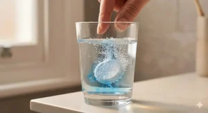 An illustration showing a Polident daily cleanser tablet being dropped into a glass of warm water.