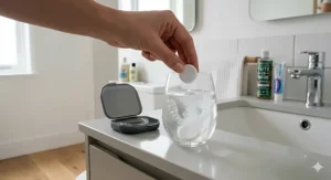 A close-up photograph of a hand dropping a white effervescent cleaning tablet into a glass of water to clean clear dental aligners.