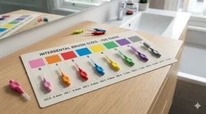 A high-resolution, photorealistic colour-coded chart of interdental brush sizes common in the UK, from pink to grey, illustrating the distinct widths for cleaning around fixed braces.
