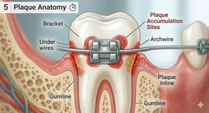 An illustration of a hand inserting a colour-coded interdental brush into the gap between the orthodontic wire and the teeth for targeted cleaning.