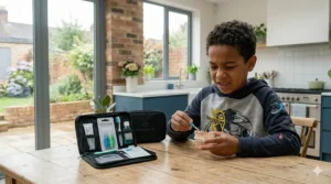 A young British boy sitting at a wooden table next to an open braces care kit, looking closely as he practices using an interdental brush on a dental model.