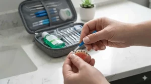 Close-up of hands using a small blue travel interdental brush from the kit to demonstrate cleaning between the brackets and wires of an orthodontic model.