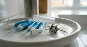 Alt text for image 5: A diagram showing an interdental brush and toothpaste cleaning the hard-to-reach gaps between dental braces.