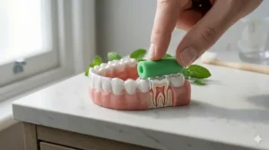 Diagram showing how mint chewies help in seating clear aligners perfectly against the gum line for effective treatment.