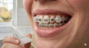 An illustration of a smile showing that high-quality unscented wax is virtually invisible once applied to dental tracks.