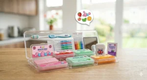 A photorealistic illustration of a comprehensive UK orthodontic care kit on a wooden counter, containing a toothbrush, interdental brushes, dental floss with a Union Jack, and several flavours of braces wax.