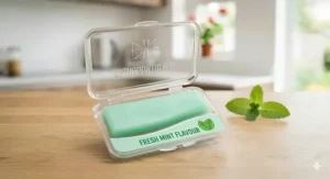 A detailed photorealistic illustration of a pale mint-green orthodontic wax strip in an open case on a wooden surface, showing the embossed Union Jack and 'FRESH MINT FLAVOUR' label with real mint leaves.