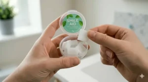 Green mint-flavoured orthodontic wax used to soothe mouth ulcers caused by rubbing wires.