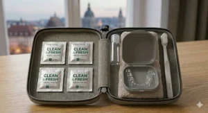 A neat flat lay of an open grey travel case showcasing four individually wrapped clean and fresh daily retainer cleaning tablets alongside a clear retainer and toothbrush.
