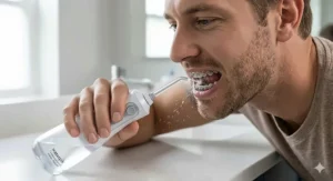 A diagram illustrating the three unique parts of Oral-B Superfloss: a stiffened end, a spongy central section, and standard floss, used for navigating around brace brackets.