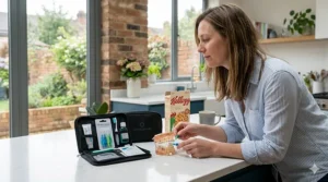 A British woman in a striped shirt sitting at a kitchen counter, demonstrating the contents of an open braces care kit pouch on a dental model.