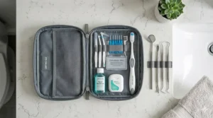 A flat-lay, overhead view of an open grey orthodontic travel pack on a bathroom worktop, neatly displaying an orthodontic toothbrush, interdental brushes, wax, and dental floss.