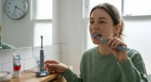 Alt text for image 5: A detailed close-up comparing a specialised orthodontic electric brush head attachment with a small manual interdental brush cleaning between dental braces.