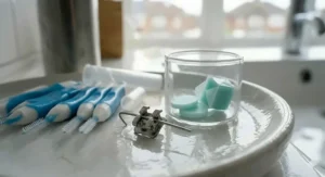 Alt text for image 7: A flat-lay illustration of a UK orthodontic care kit including a travel-sized toothpaste for braces, dental wax, and a mirror.