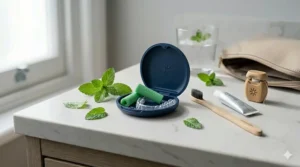 A daily dental care kit featuring a toothbrush, floss, and mint flavoured chewies for Invisalign maintenance.