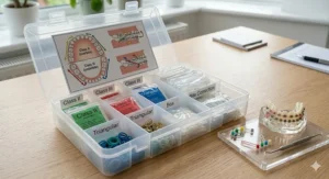 A modern clinical layout featuring a plastic storage organiser filled with various types of orthodontic elastics, complete with a diagnostic reference chart displaying Class II (overbite) and Class III (underbite) bite correction diagrams.