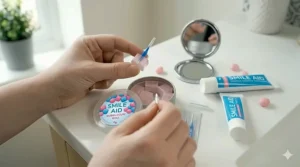 An essential UK orthodontic care kit featuring flavoured wax, interdental brushes, and a mirror on a bathroom counter.