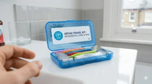 A photorealistic close-up photograph of an open, compact orthodontic travel cleaning case holding travel-sized interdental brushes, relief wax, a mirror, and small hygiene tools.