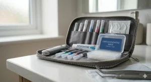 An orthodontic travel kit including a folding toothbrush, interdental brushes, and travel size braces wax.