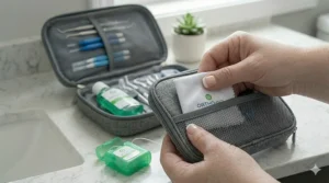 A person opening a mesh pocket inside the grey fabric braces travel pouch to store a white orthodontic cleaning cloth.