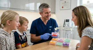 A photorealistic illustration in a modern UK orthodontic clinic, showing a male orthodontist presenting an open display case of varied 'KIDS' BRACES WAX' flavours to a mother and her children with braces, featuring detailed branding and a comforting atmosphere.