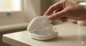 A freshly cleaned clear retainer being placed into a hygienic protective plastic storage case.
