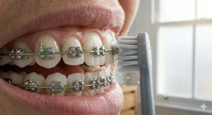 Alt text for image 8: A technical illustration diagram demonstrating how the oscillating-rotating action of an electric toothbrush breaks up and removes plaque biofilm from orthodontic brackets and wires.