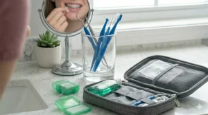 A small vanity mirror reflecting a person applying orthodontic wax to their teeth, with dental tools in a glass tumbler and a travel braces kit open on the counter.