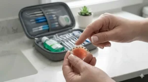 A detailed view of a person using their finger to demonstrate applying protective orthodontic relief wax to a dental brace model next to an open travel kit.