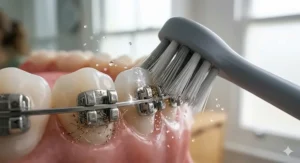 Alt text for image 9: A lifestyle photograph showing a modern, compact electric toothbrush and a charging travel case on a wooden surface in a contemporary British bathroom setting.