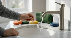 A person placing a colourful retainer case into a coat pocket, illustrating how travel-friendly and discreet the design is.