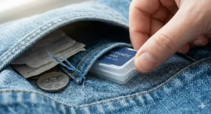 A slim travel-sized wax case being tucked into a jacket pocket for on-the-go relief.