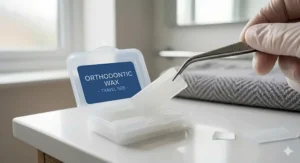 An open travel case containing pre-cut strips of unscented orthodontic wax for easy use.
