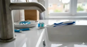Alt text for image 2: An illustration showing how specialised toothpaste for braces helps remove plaque from around orthodontic brackets and wires.