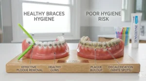 An educational photorealistic comparison illustration showing a dental arch with clean teeth and braces where an interdental brush has been used, contrasted against an arch with poor hygiene showing plaque buildup and chalky white decalcification lesions.