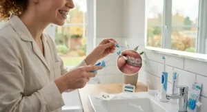 Illustration of a toothbrush and interdental brush being used to clean teeth after removing old unscented wax.