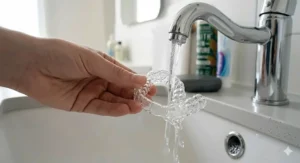 A clear plastic retainer being thoroughly rinsed under a stream of running tap water from a modern chrome bathroom mixer tap.