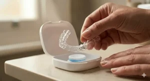 An educational diagram explaining why regular toothpaste scratches plastic retainers, while Polident provides a safe, non-abrasive clean.