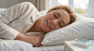 An illustration of a person sleeping comfortably, showing wax applied to braces to prevent mouth ulcers during the night.
