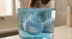 A clear plastic orthodontic retainer soaking in a blue, bubbling Polident antibacterial solution.