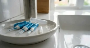 Alt text for image 4: An illustration of gentle toothpaste being applied to sensitive gums often caused by new orthodontic aligners or fixed braces.