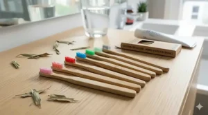 A close-up photorealistic image of multi-coloured bamboo interdental brushes, identical in size and colour-coding to standard orthodontic brushes, neatly displayed on a light wood vanity.