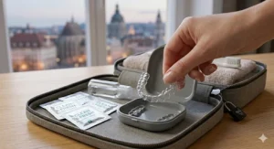 A close-up of a person lifting a clear dental aligner from its grey case inside an organised travel hygiene kit with individual cleansing tablet sachets.